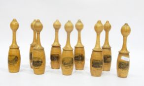 Set of nine Victorian mauchlineware wooden souvenir skittles,
