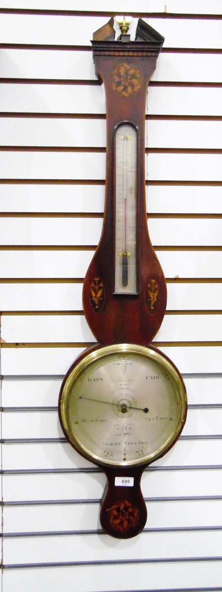 Georgian mahogany and satinwood inlaid cased wheel barometer with broken arch pediment,