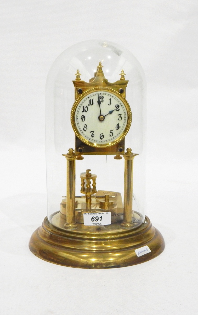 Modern brass skeleton clock with circular ivorine dial, on brass circular base with glass dome, - Image 2 of 2