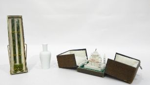 Two pairs of green hardstone chopsticks and rests, boxed, an alabaster model of the Taj Mahal,
