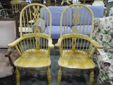 Pair of stick high-back kitchen elbow chairs in beech,