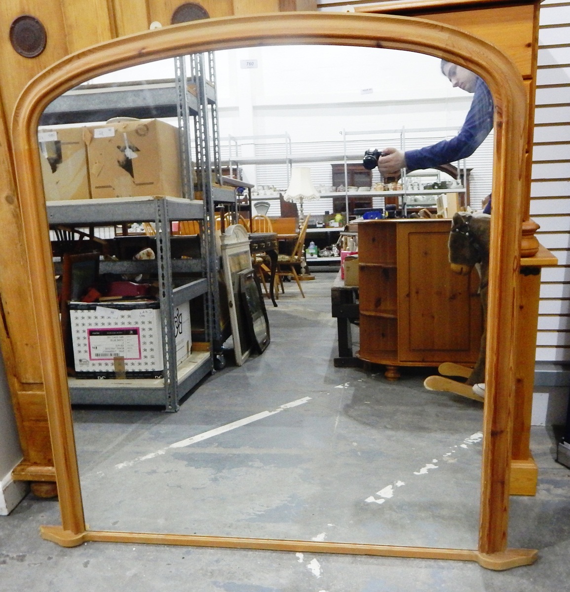 Pine overmantel mirror of rectangular form with arched top, - Image 2 of 2