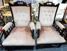 Pair of early 20th century mahogany elbow chairs, with carved and pierced cresting rails,