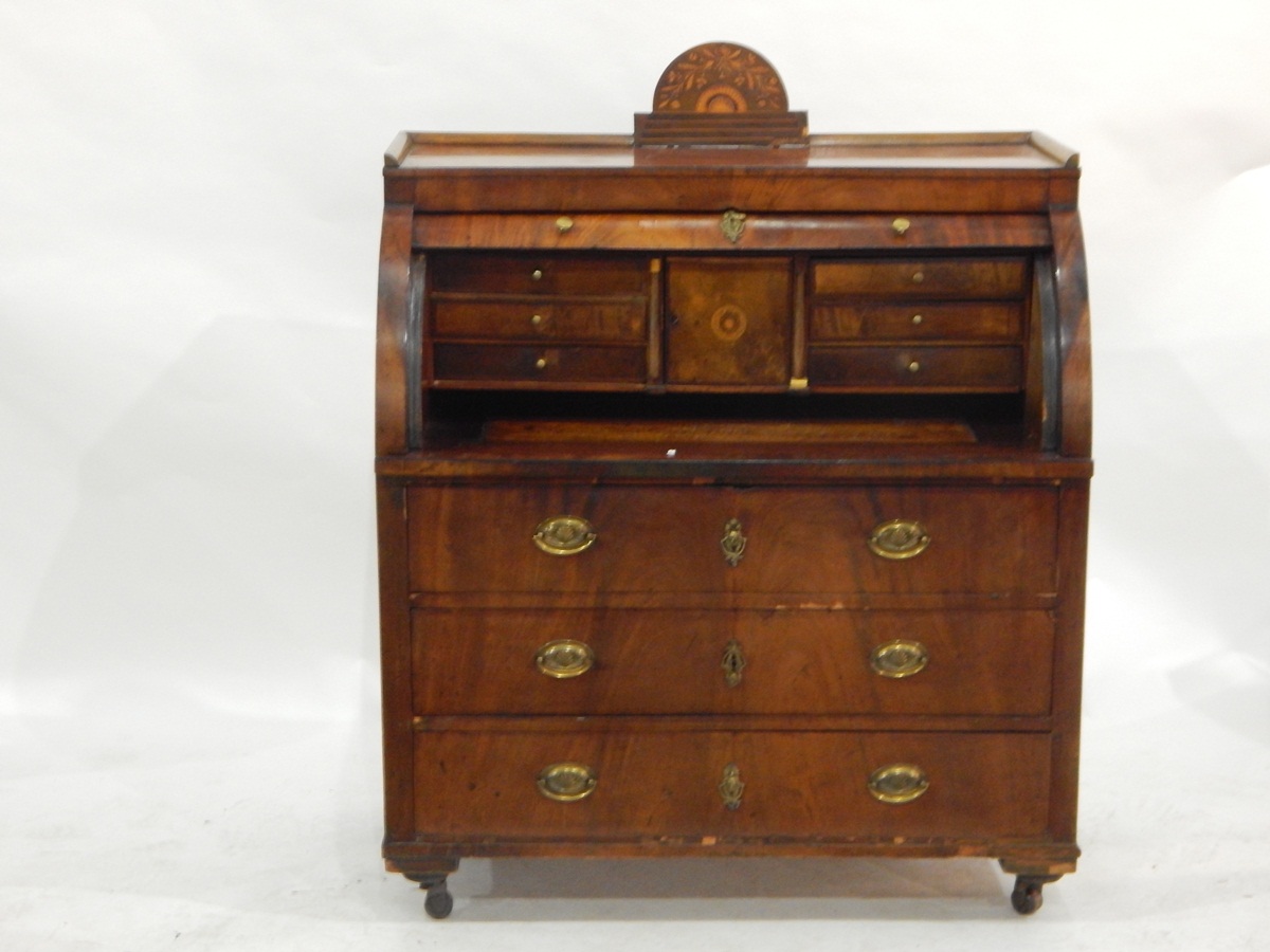 19th century Continental mahogany cylinder bureau, the roll-top revealing a fitted interior, - Image 2 of 2
