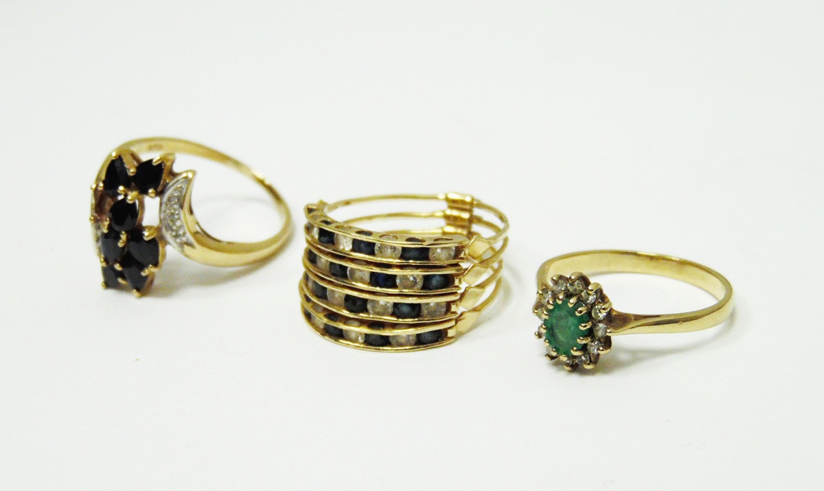 9ct gold emerald cluster ring, a gold-coloured sapphire cocktail ring (one missing), - Image 2 of 2