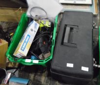 Large plastic toolbox containing many tools and a box of various electric drills and parts (2)