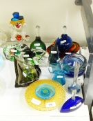 Murano glass clown, two perfume bottles with stoppers, Art glass ashtrays,