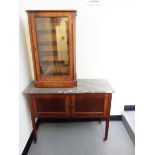 Edwardian inlaid mahogany washstand having variegated grey and white marble top,