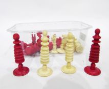 19th century ivory chess set, one side stained red, the other natural,