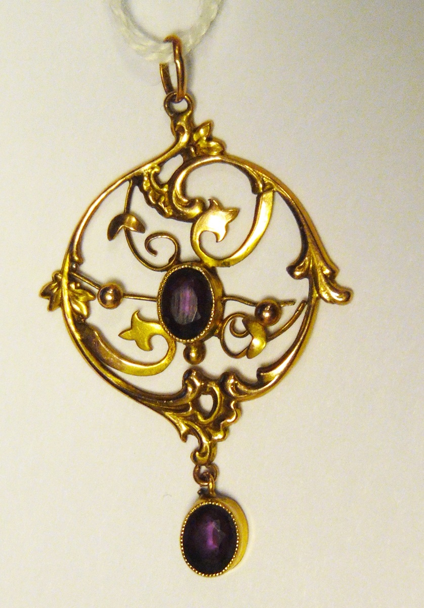 Edwardian 9ct gold and amethyst pendant of circular openwork form of scrolls and beads, - Image 2 of 2