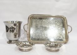 Large silver plated two-handled tray of rectangular form with engraved decoration,