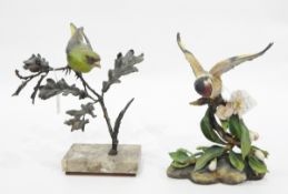Albany Fine China tinted bisque model of a greenfinch on bronze oak tree branch and marble base,