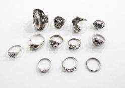 Collection of silver and other rings including examples decorated with cats