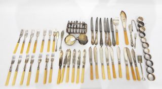 Victorian set of fish knives, forks and servers with silver plated blades and bone handles,