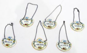 Set of six Crown Staffordshire wine labels for brandy, gin, vodka, scotch and two sherry,