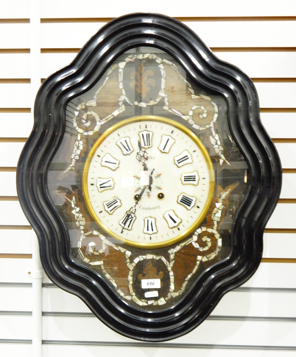 French wall clock, the circular marble dial with enamelled Roman numerals and painted decoration,