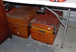 Two large vintage metal travelling trunks and two vintage card suitcases (4)
