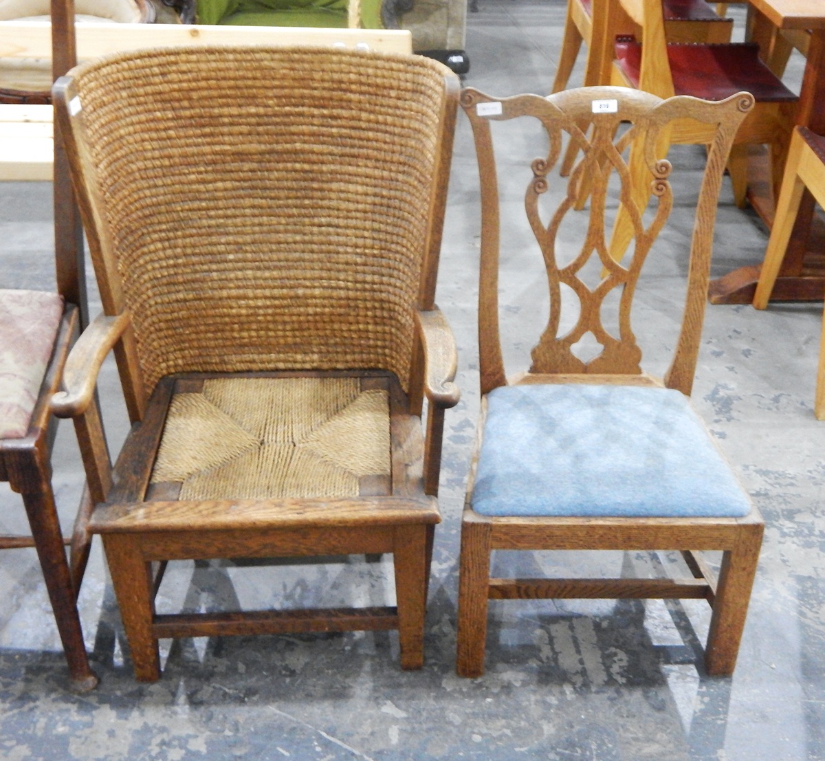 Oak framed 18th century-style child's chair with pierced carved back,