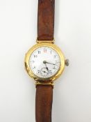 Gentleman's 18ct gold open-faced strap watch, the circular enamel dial with subsidiary seconds dial,