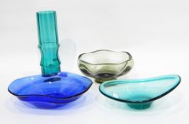 Three free-form art glass bowls and a stepped green glass vase (4)