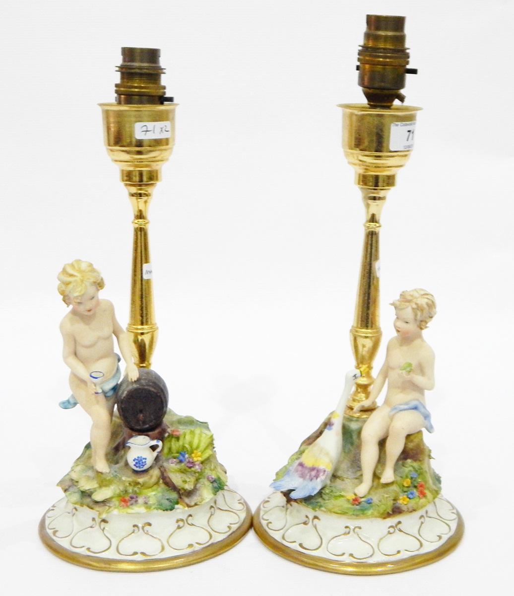 Pair of Capodimonte tinted bisque and gilt metal figure lamp stands, - Image 2 of 2