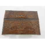 Indian Sadeli work writing slope, the fall-front with carved panels depicting palaces and elephants,