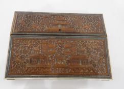 Indian Sadeli work writing slope, the fall-front with carved panels depicting palaces and elephants,