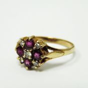 9ct gold diamond and pink stone ring,