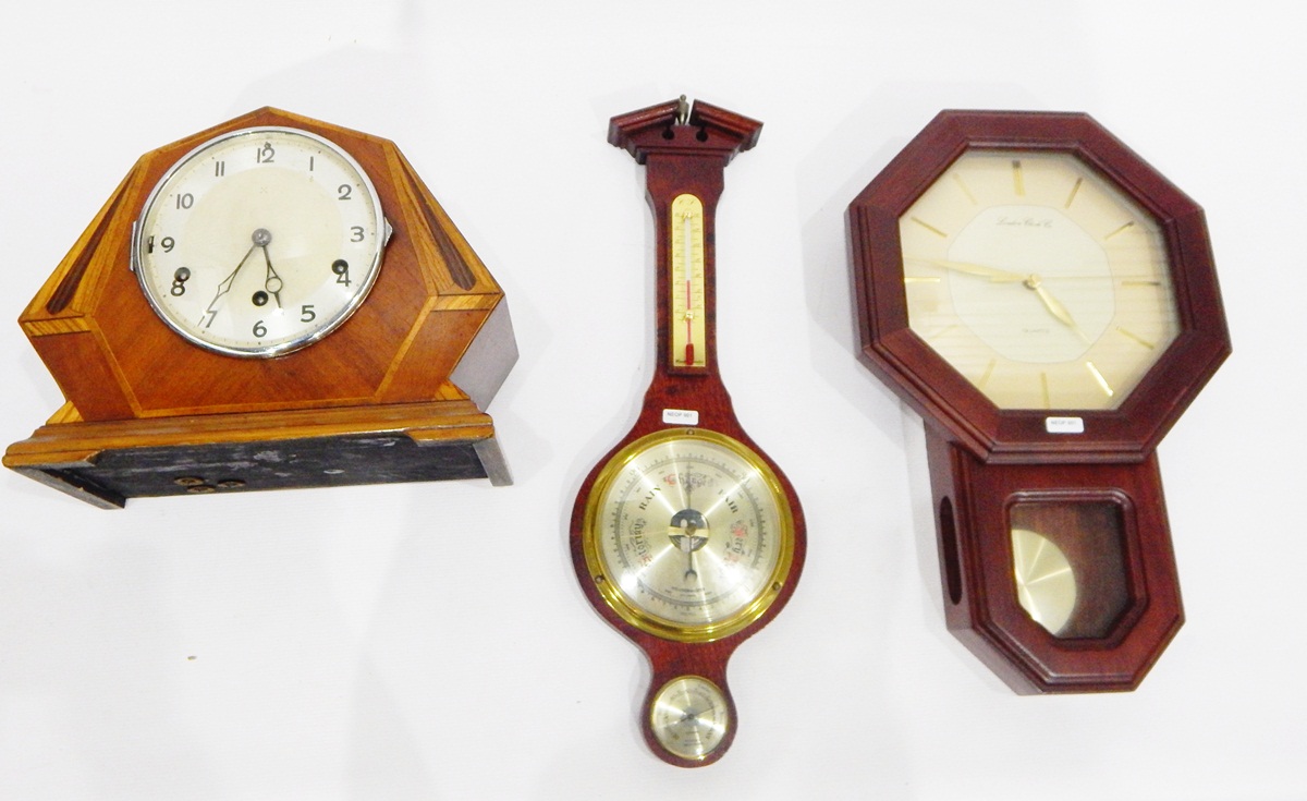 Early to mid 20th century mantel clock with circular dial and within an inlaid case of angular - Image 2 of 2