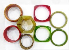 Vintage plastic bracelet formed as mottled green and brown rectangular sections,
