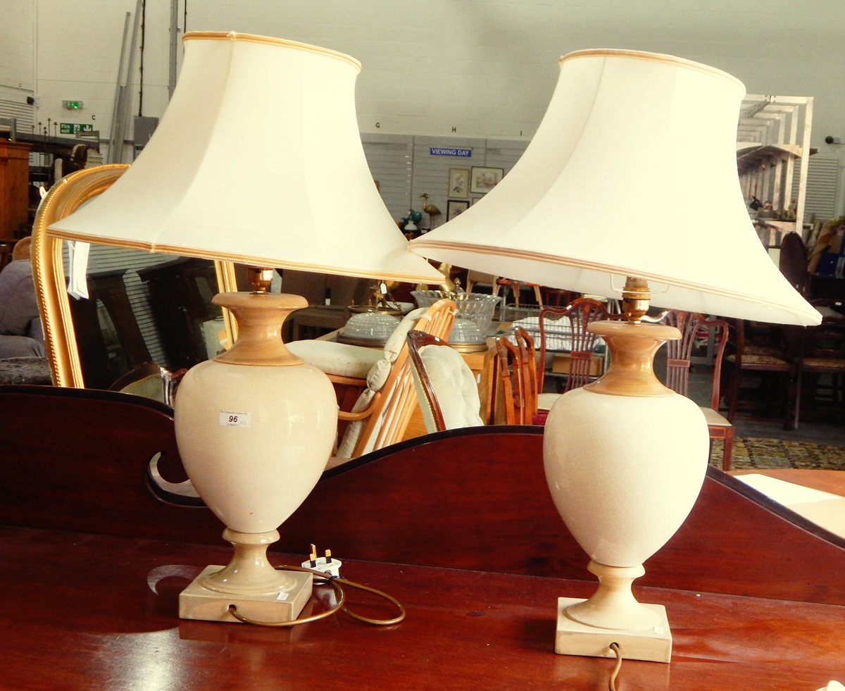Pair of crackle-glazed baluster table lamps and shades,