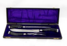 Victorian three-piece carving set with horn handles and steel blades,