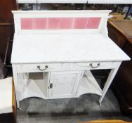 White painted Edwardian marble-topped washstand with tiled back and applied mouldings,