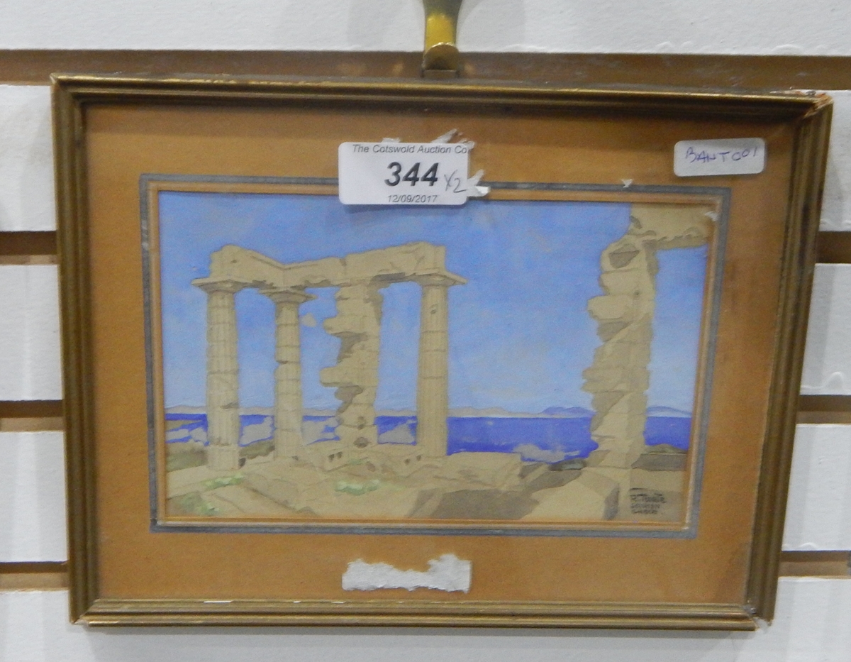 R Tourte Watercolour and pencil "Sounion, Greece", a view looking out to sea, - Image 2 of 2