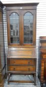 Circa 1920's/30's oak bureau bookcase with applied beaded mouldings,