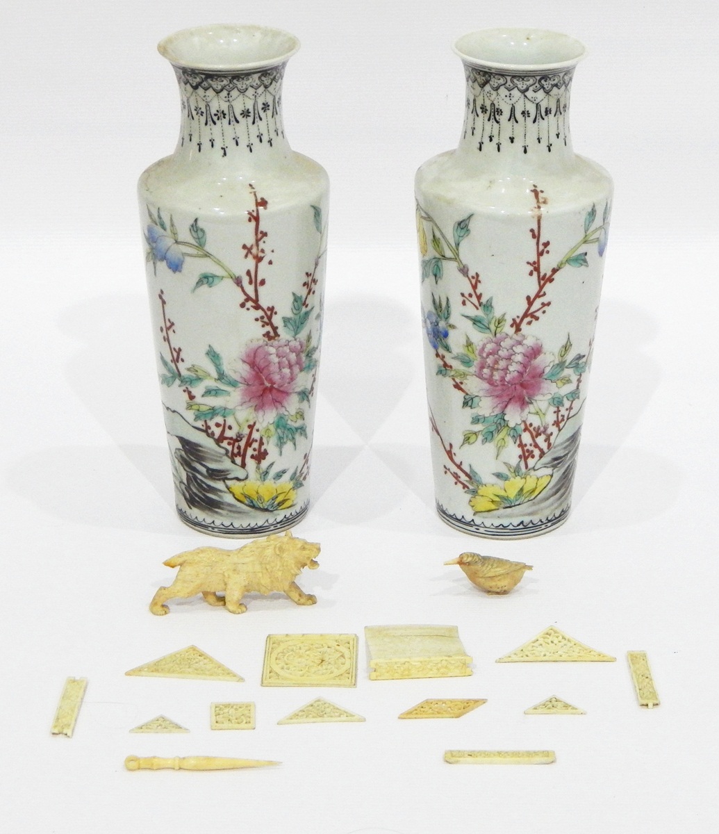 Pair of Oriental porcelain vases, with tall flared necks and circular tapering form, - Image 2 of 2