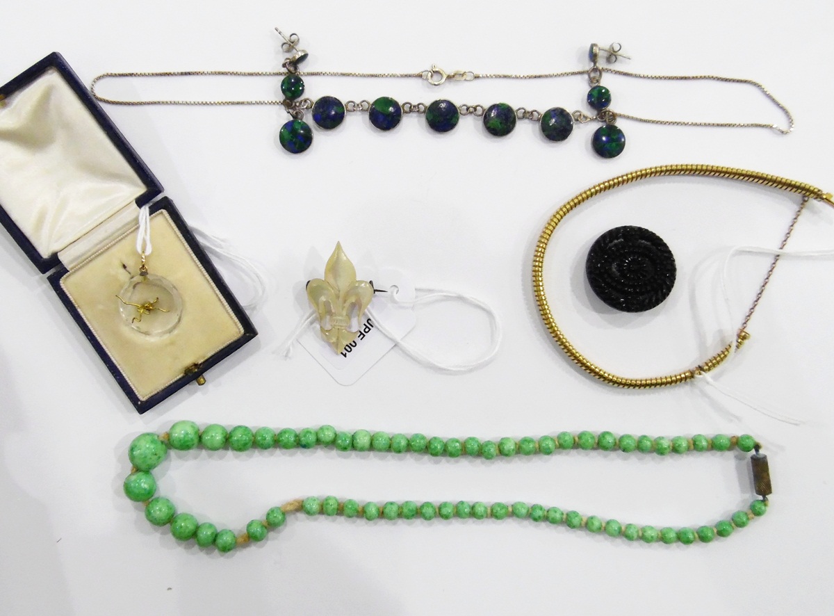 Malachite and azurite necklace and earring set, marked 925, a graduated row of green glass beads,