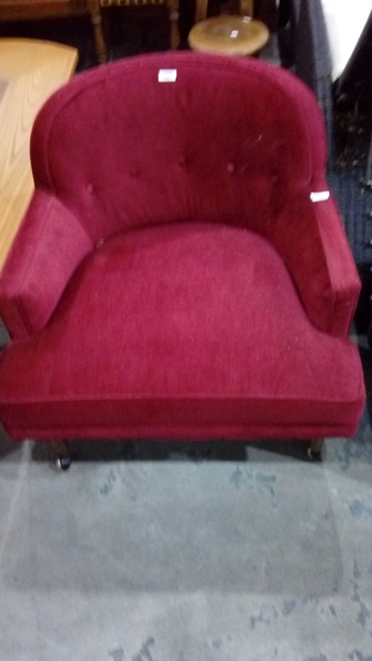 Mid 20th century tub armchair in cherry red slub fabric,