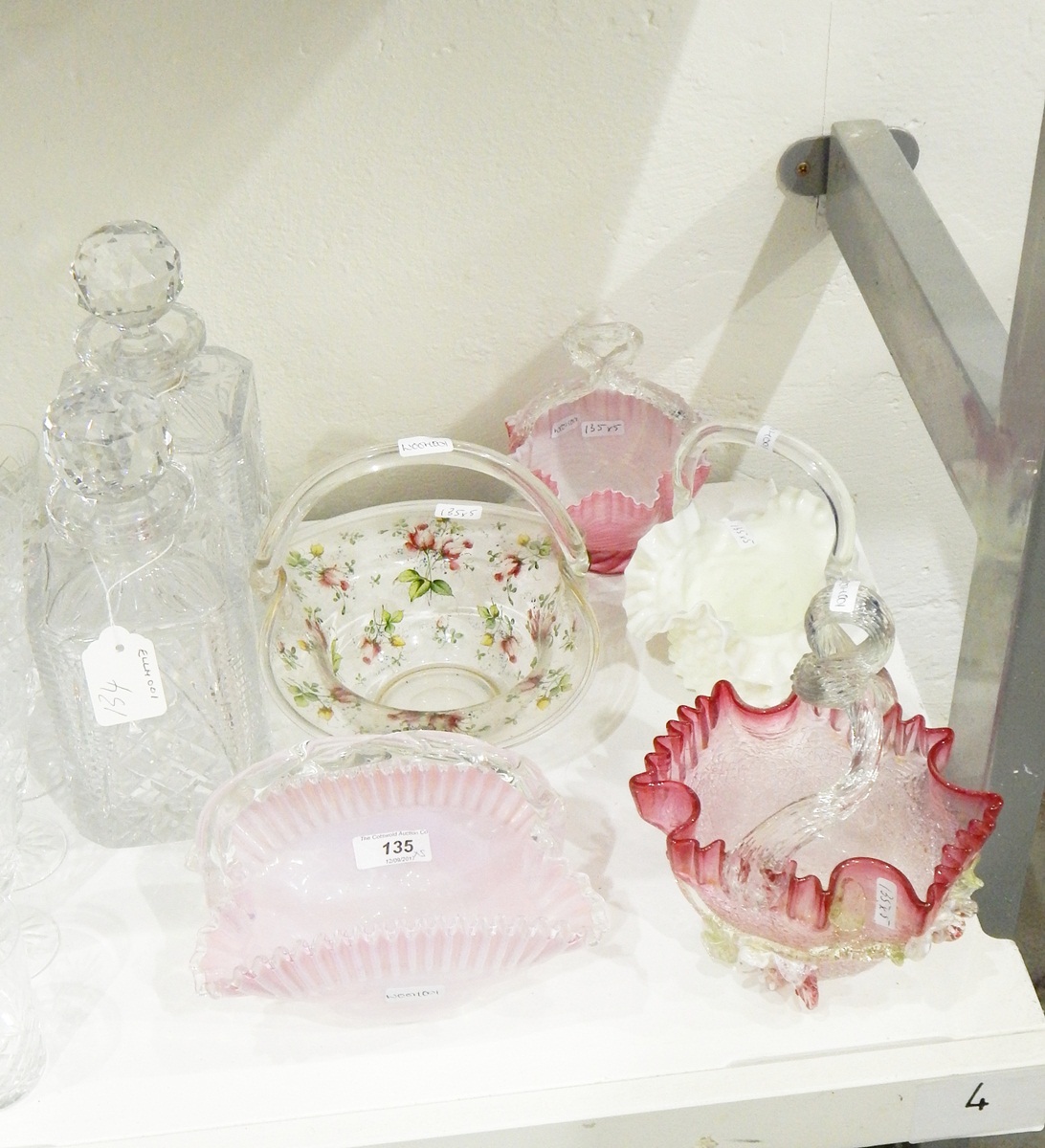 Victorian glass basket painted with rosebuds, a Stevens & Williams-style glass basket,