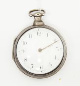 George III silver pair cased silver open-faced pocket watch with enamel dial,