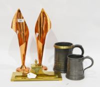 Pair of copper vases of flared trumpet design, with hammered detail, 35cm high,