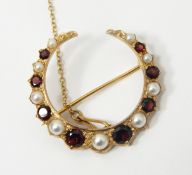 9ct gold crescent brooch set with alternating cultured pearls and garnets