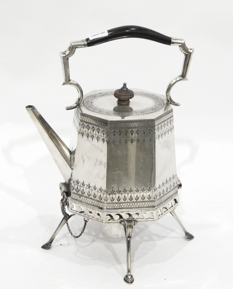 Victorian silver plated spirit kettle and stand of octagonal form with bands of engraved decoration, - Image 2 of 2