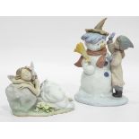 Lladro model of fairy sleeping on rock by flowers and another of a girl building snowman,