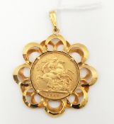 Edwardian gold full sovereign 1908 in 9ct gold pendant coin mount, total weight approx.