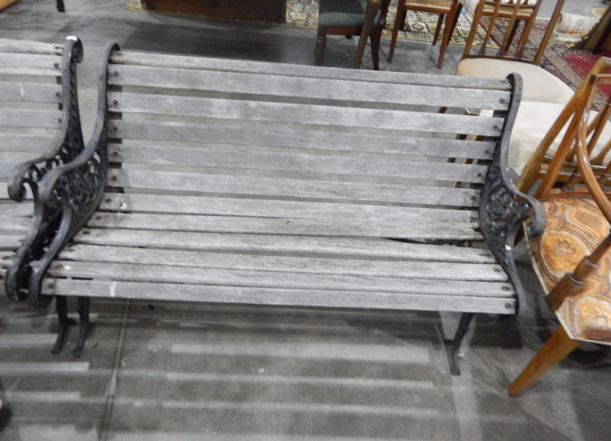 Pair of slatted garden bench seats with decorative iron supports - Image 2 of 2