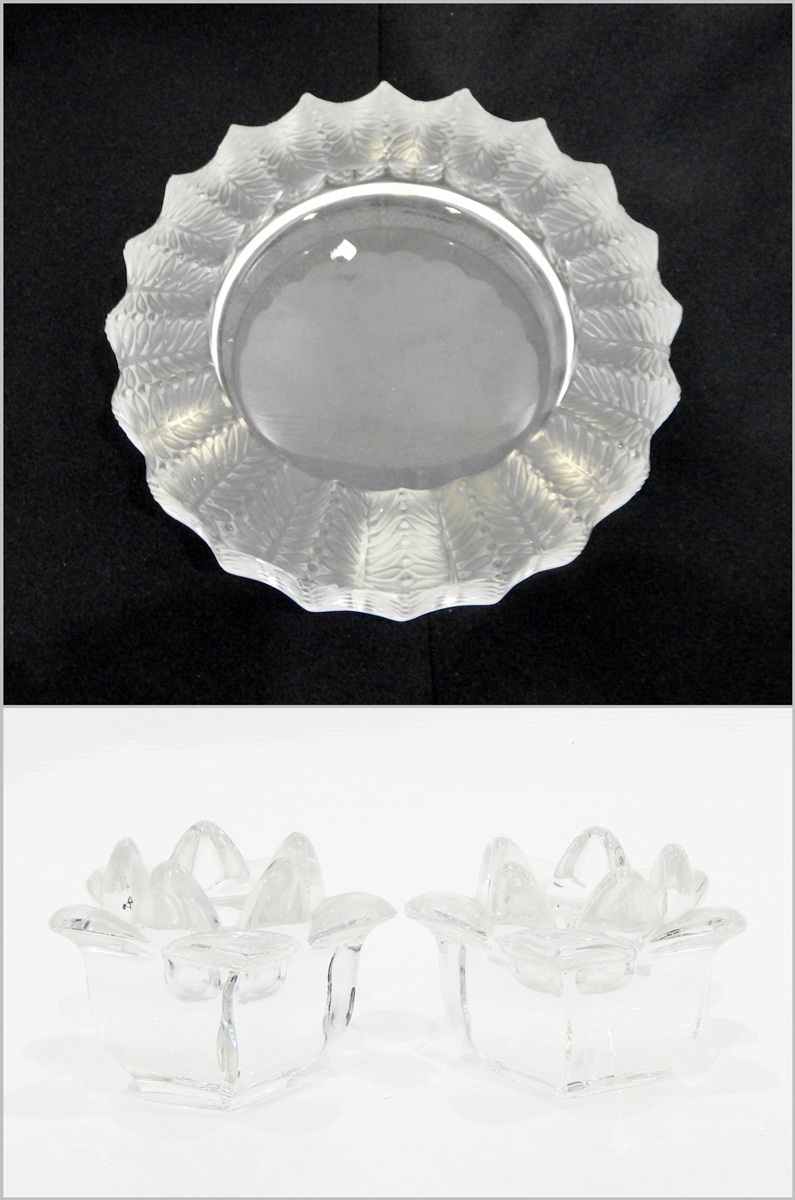 Pair of modern glass candlesticks and a Lalique dish with original box, - Image 5 of 8