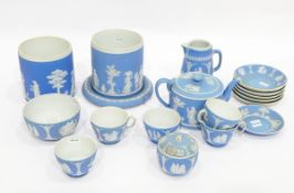 Quantity of 19th century Wedgwood pale blue jasperware to include teapot, teacups and saucers, jugs,