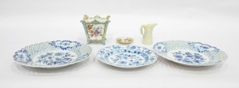 A plate with pierced basket weave rim, a smaller Meissen plate, a Dresden porcelain small cache pot,