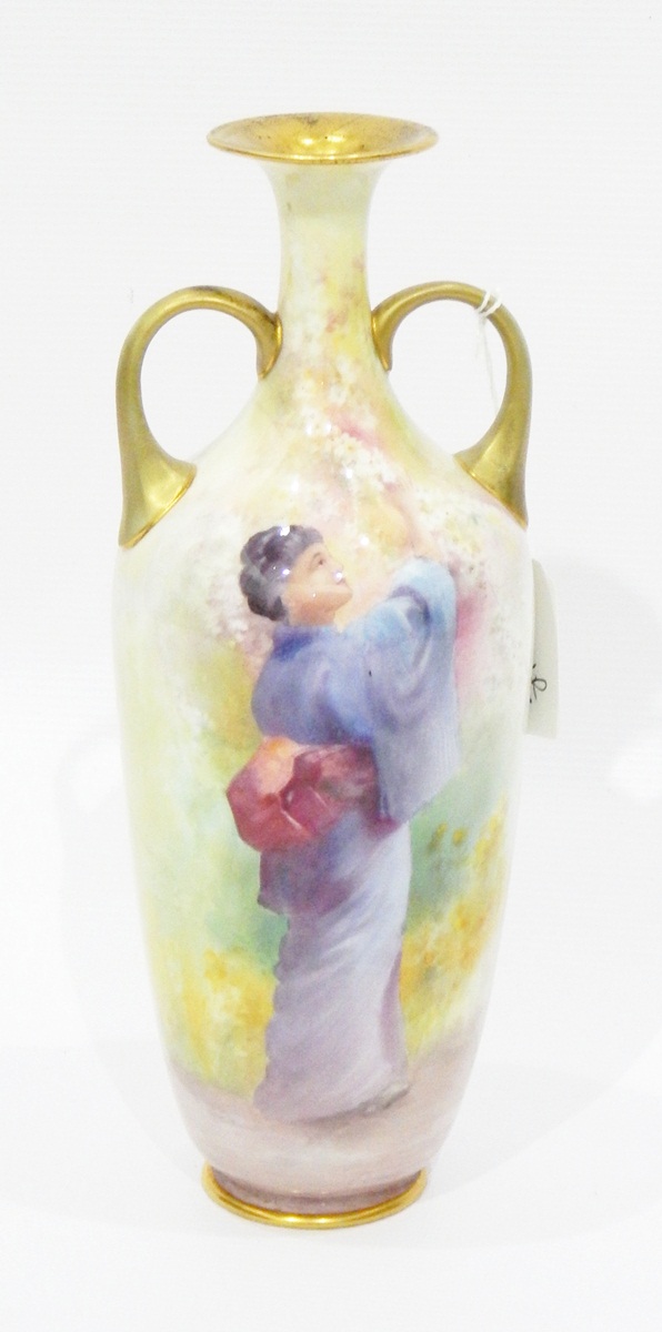 Royal Dalton baluster-shaped two-handled bottle vase depicting Chinese woman picking blossom,